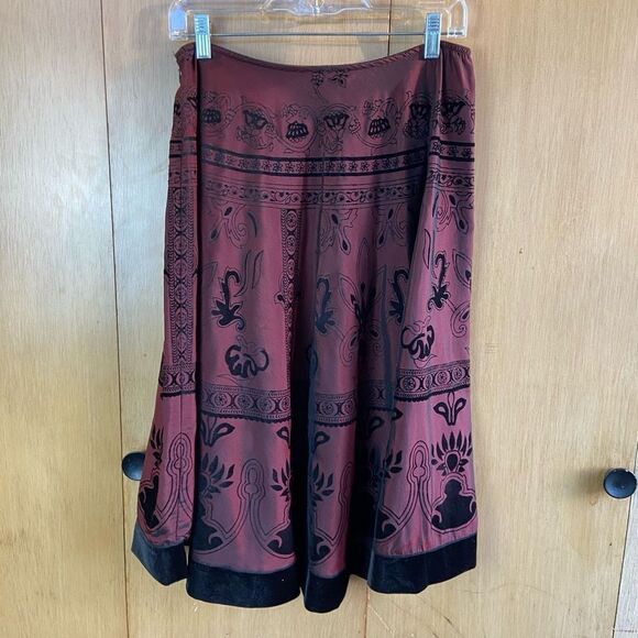 Vintage 90s Flocked Velvet Trim A-Line Midi Skirt Maroon and Black Holiday Party - Picture 8 of 8